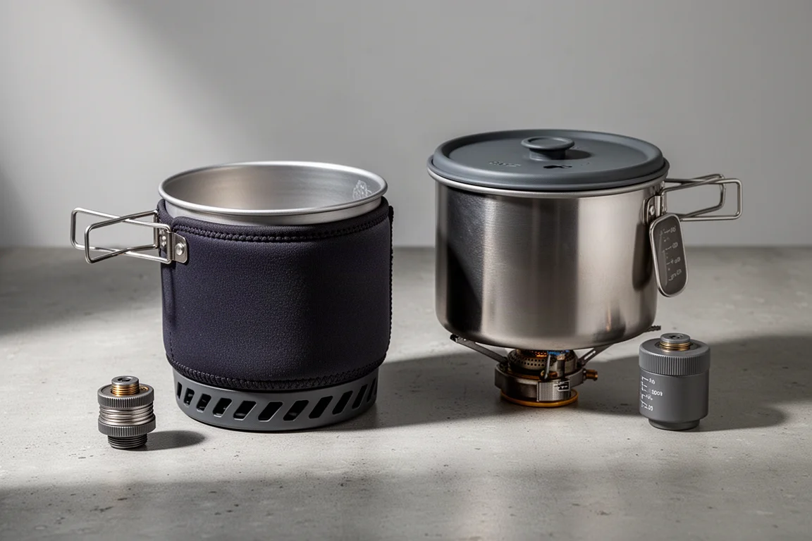 Two compact canister camping stoves with pots and burners side by side on concrete