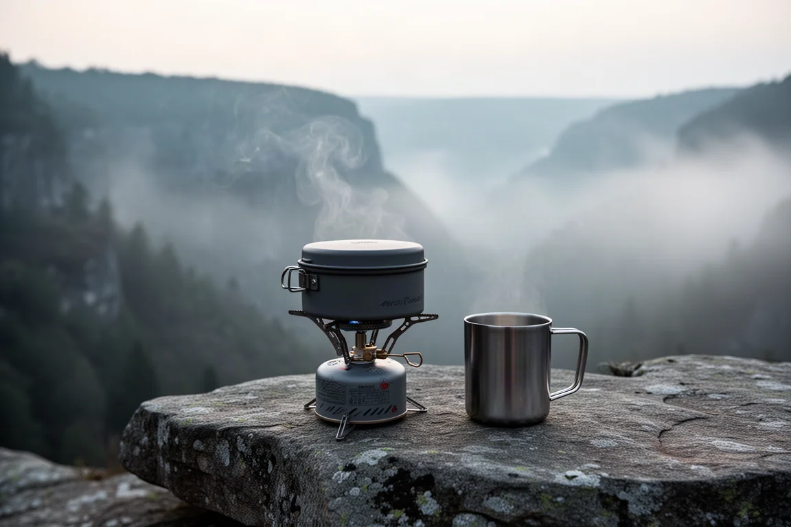Compacte kampeerbrander die water kookt op een rotsrichel bij zonsopgang met mist in het dal