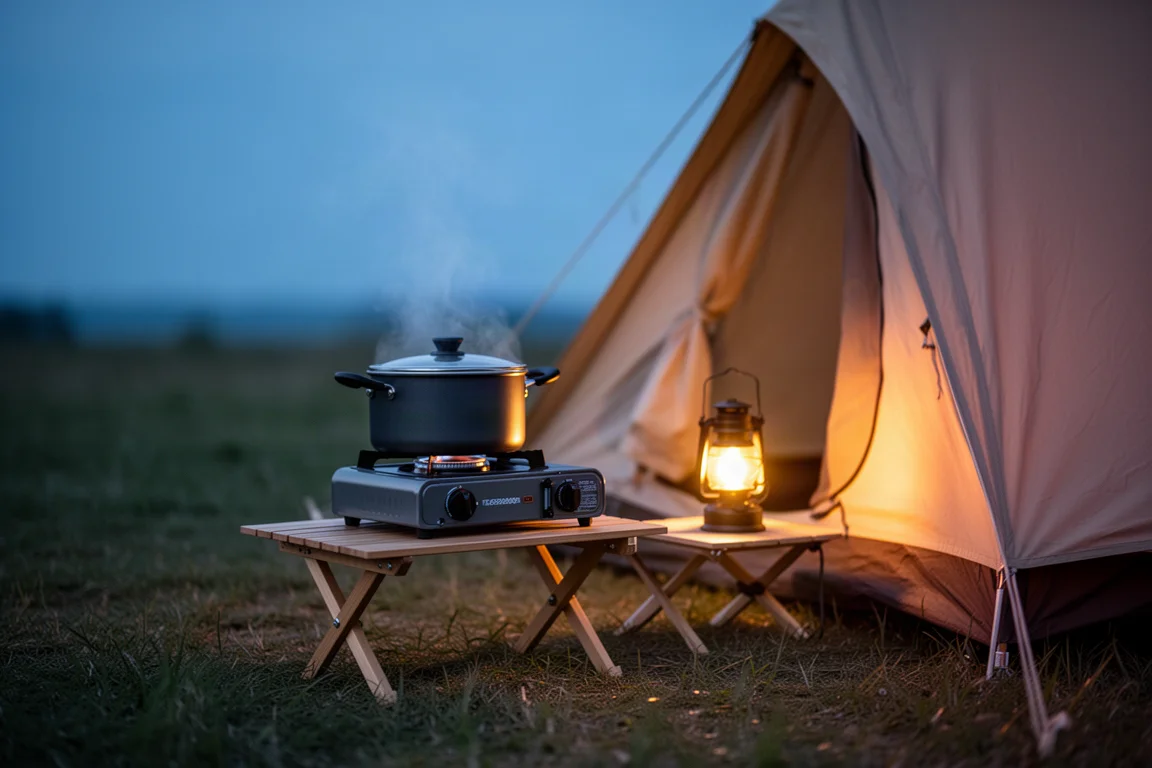 Stomende kampeerpan naast een tent in de schemering met warm lantaarnlicht op een kampeertafel