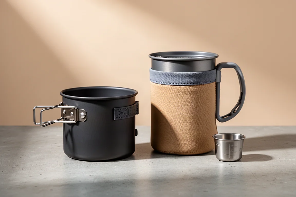 Two compact integrated camping stoves side by side on a concrete surface