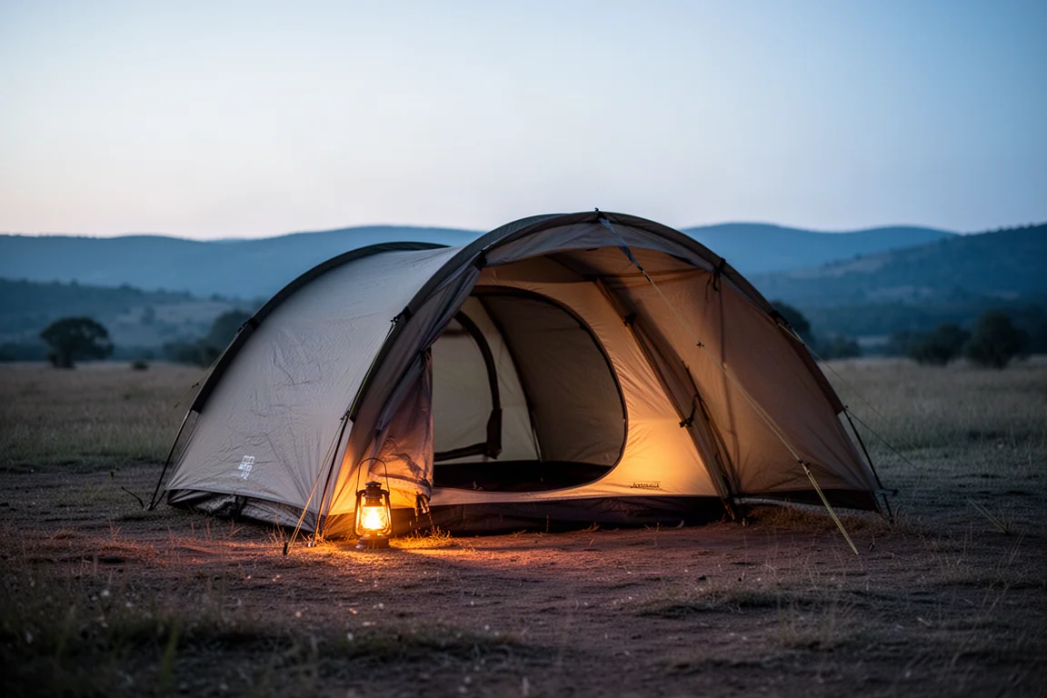Zona de acampada al atardecer con una tienda de túnel iluminada y un pequeño porche sobre el terreno