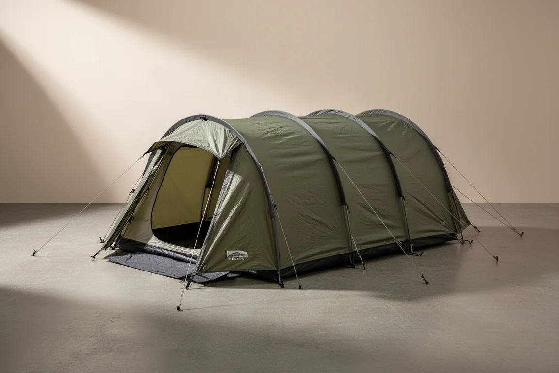Two-person tunnel camping tent pitched on a neutral concrete surface