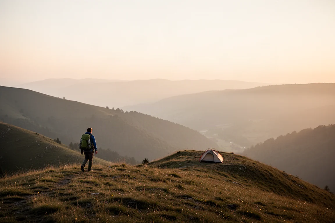 Backpacker che cammina su un crinale erboso all'alba con una piccola tenda in lontananza