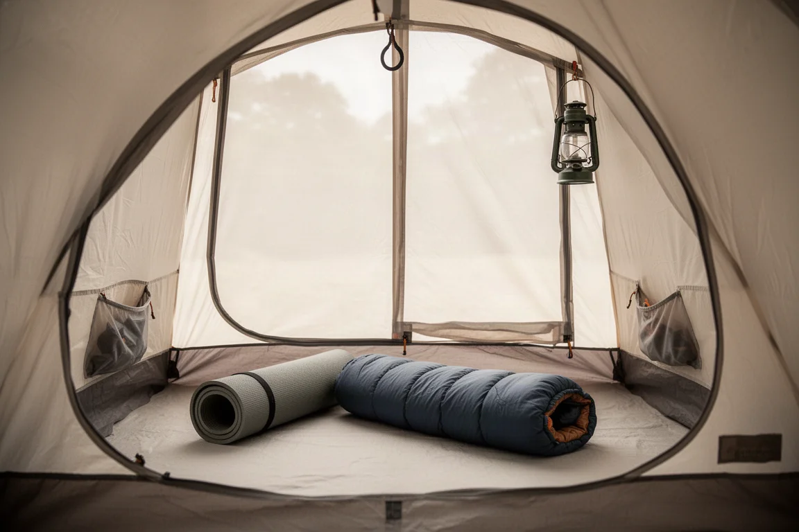 Interno di una tenda da backpacking con pannelli in mesh, materassino e tasche laterali
