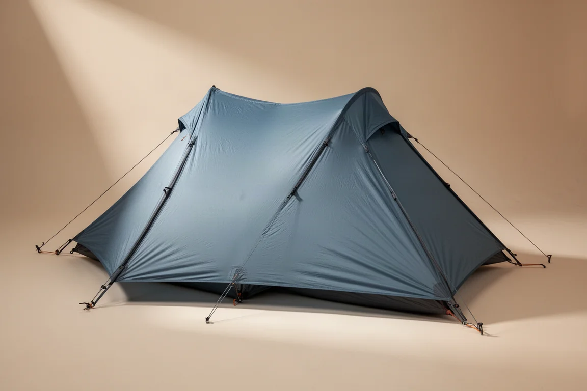 Blue two-person ultralight backpacking tent pitched on a neutral studio backdrop
