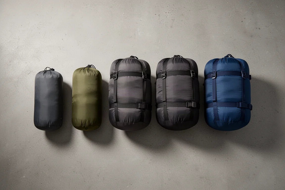 Five packed OEX sleeping bags and liners arranged on a concrete surface