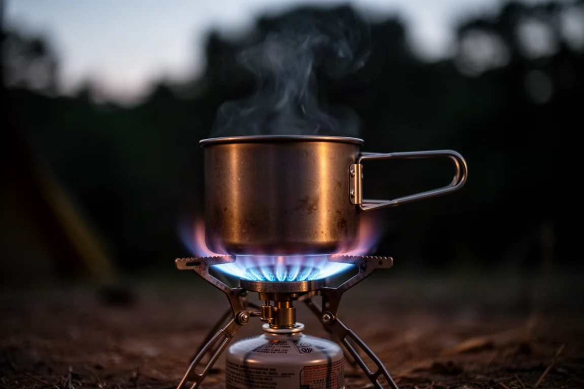 Anillo de llama azul bajo una olla pequeña con vapor ascendiendo al atardecer