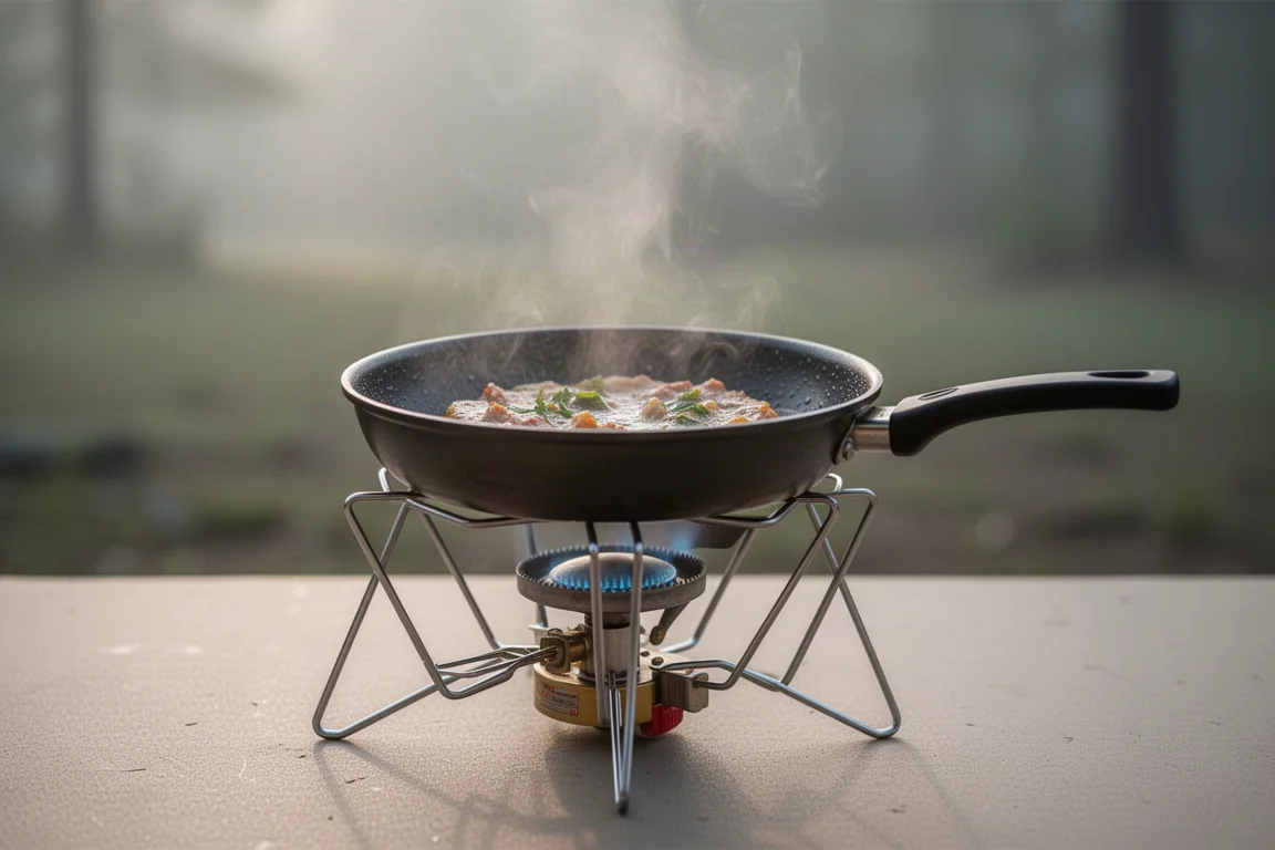 Sartén pequeña cocinando en un hornillo de camping con la luz matinal del campamento