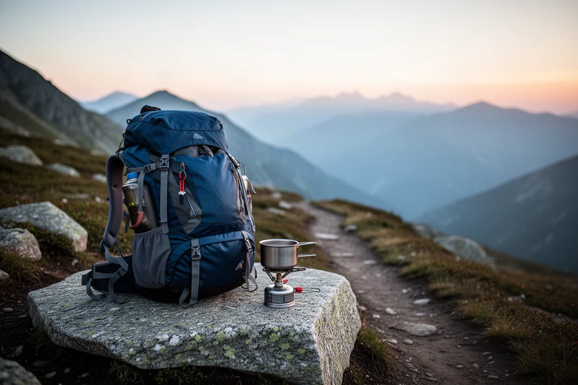 Mochila y kit de hornillo empaquetados sobre una roca junto a un sendero de montaña al amanecer