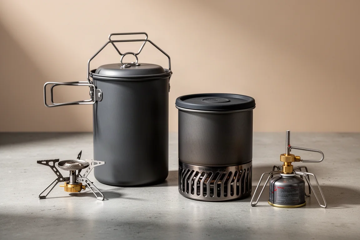 Two compact one-litre camping stove systems with burners and canister stands on concrete