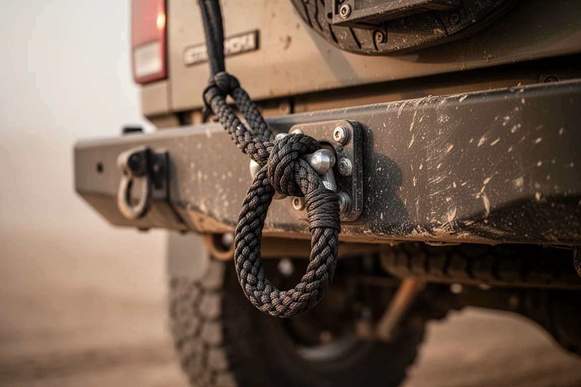 Geflochtene Nylon-Soft-Shackle-Schlaufe durch einen Metall-Bergepunkt am Fahrzeug gefädelt