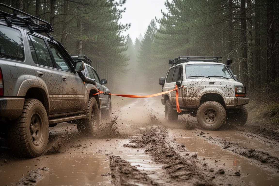 Off-Road-Fahrzeug wird mit einem Bergungsband aus weichem Schlamm gezogen