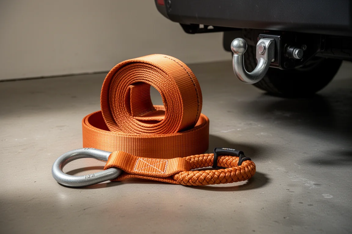 Coiled recovery strap and braided soft shackle on a garage floor