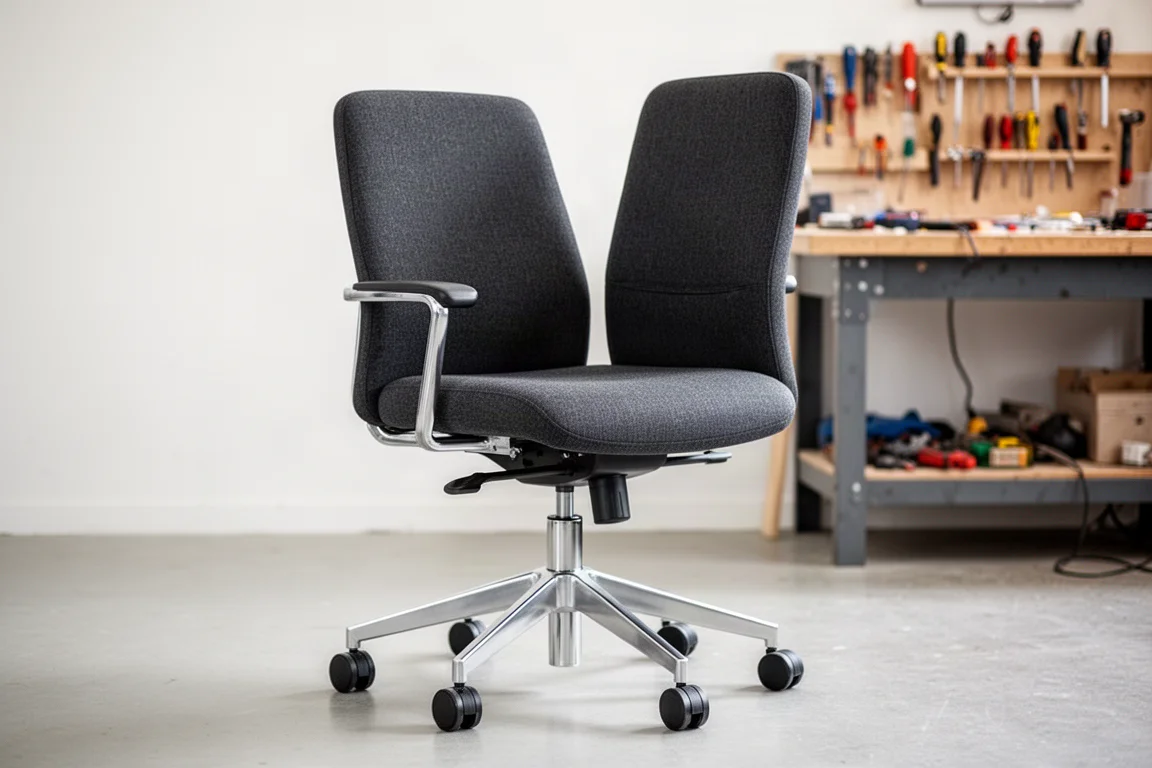 Silla de oficina premium reacondicionada en un taller luminoso con tapicería nueva