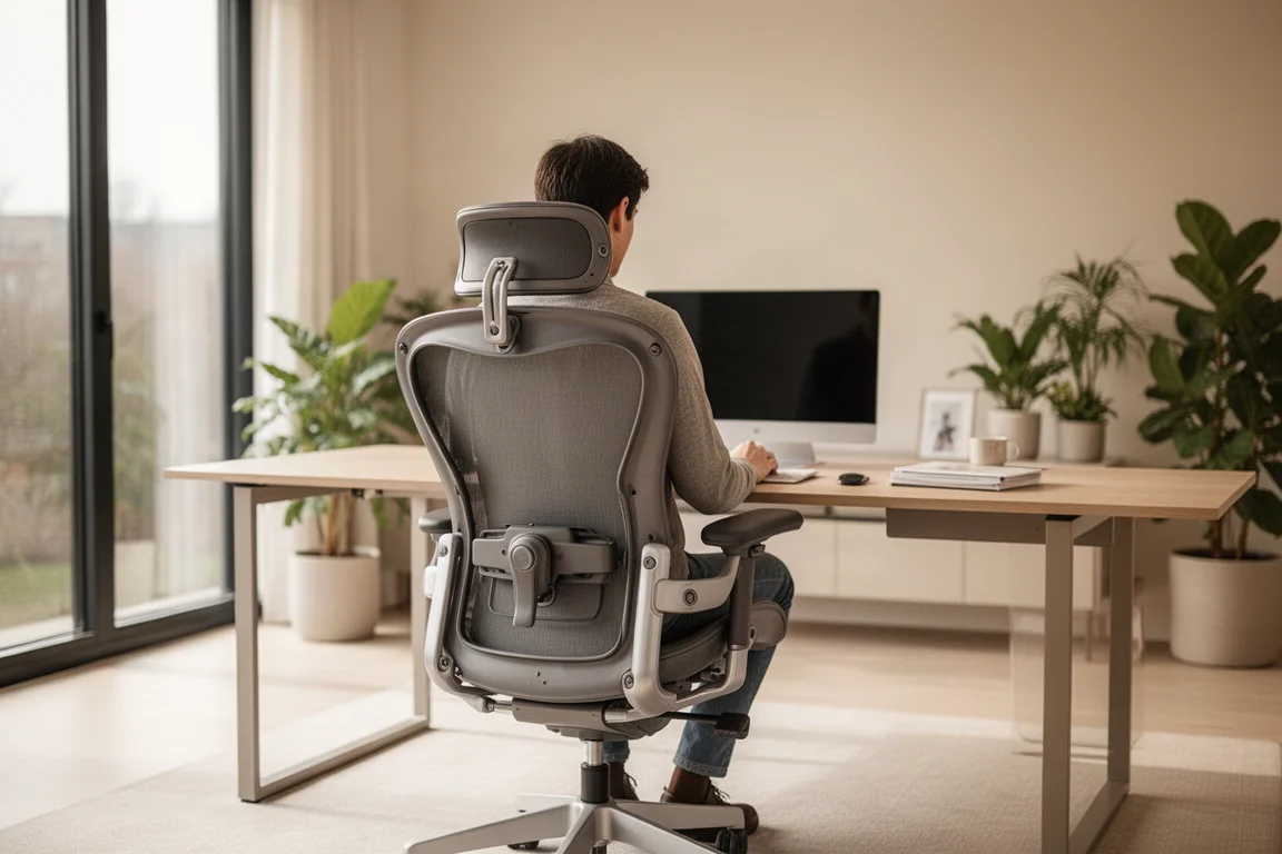 Persona trabajando en un escritorio en una silla ergonómica premium en una oficina en casa moderna