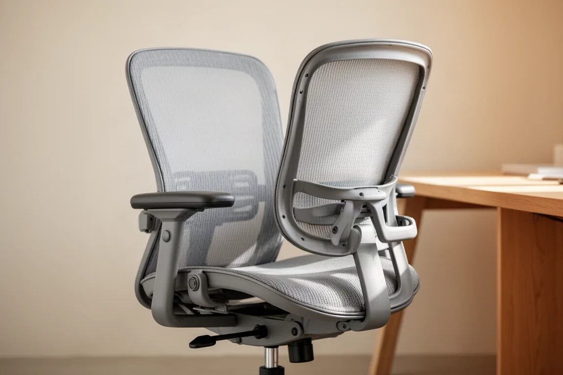 Silla de oficina ergonómica moderna con respaldo de malla en una oficina en casa luminosa