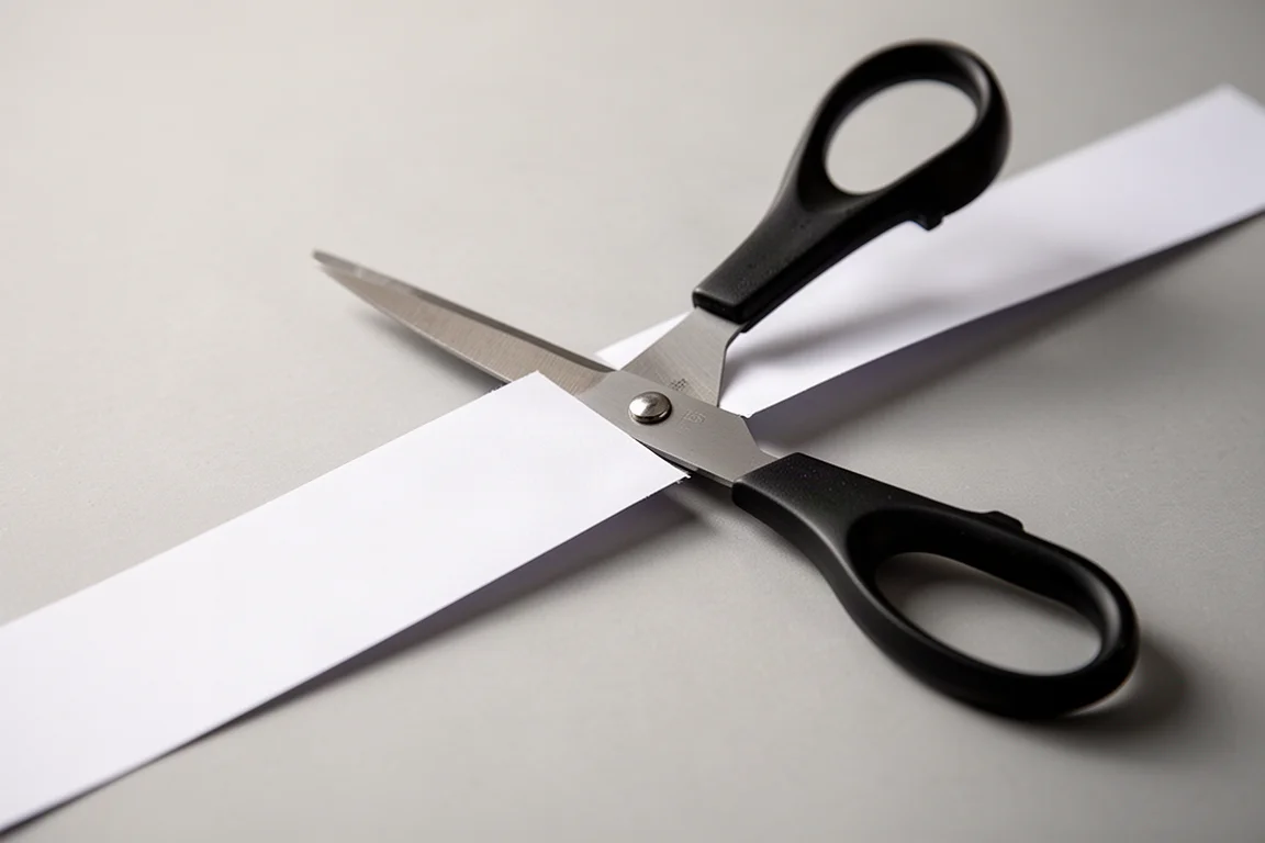 Dłonie tnące papier wygodnymi nożyczkami na czystej powierzchni roboczej