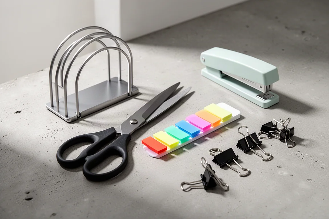 Flat-lay of page holder, scissors, index tabs, stapler, and binder clips on a concrete desk
