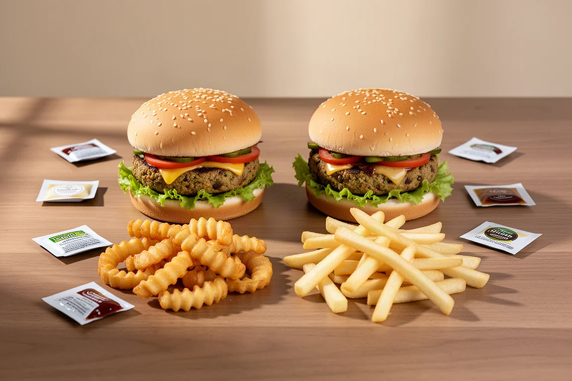Dwa wegetariańskie burgery i porcje frytek ułożone obok siebie na drewnianym stole