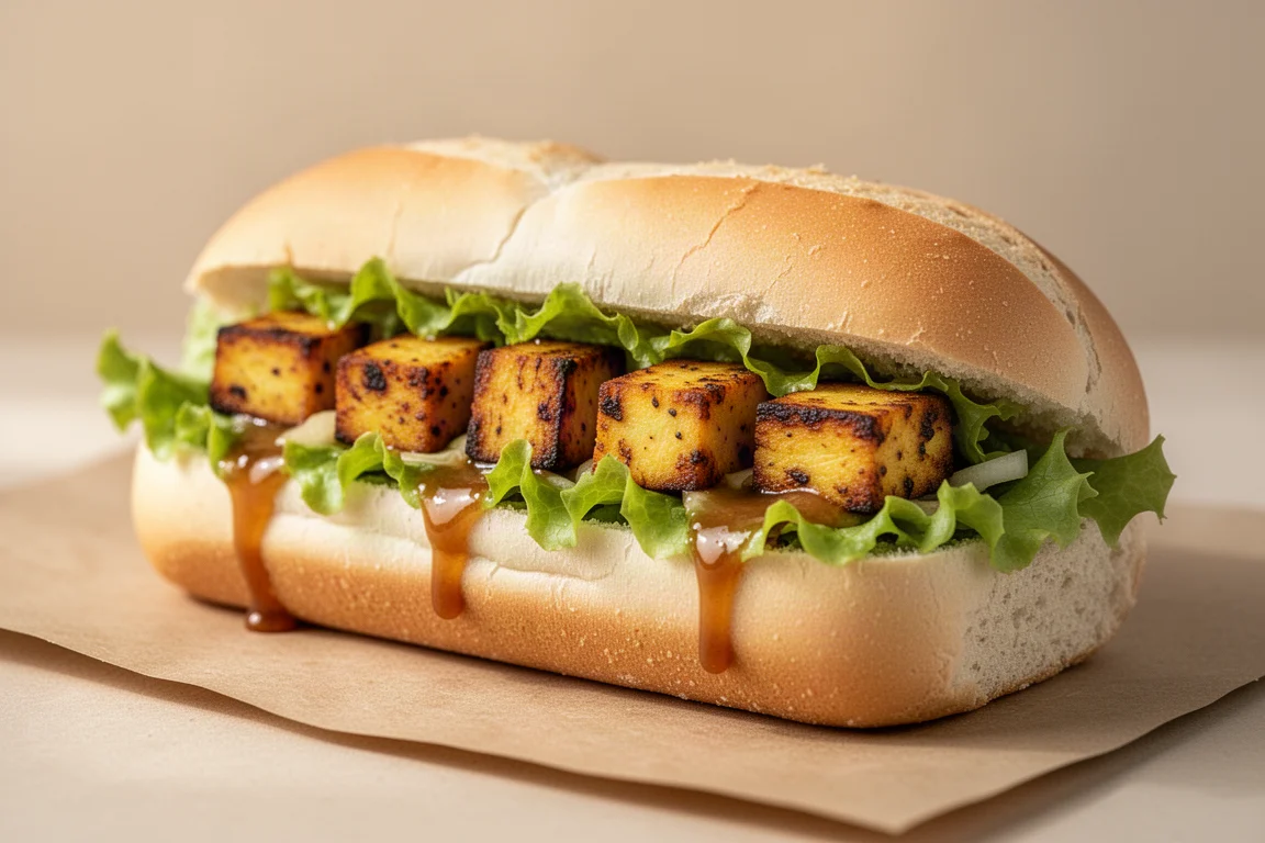 Kanapka sub z paneer tikka z sosami lekko wypływającymi ze świeżego pieczywa