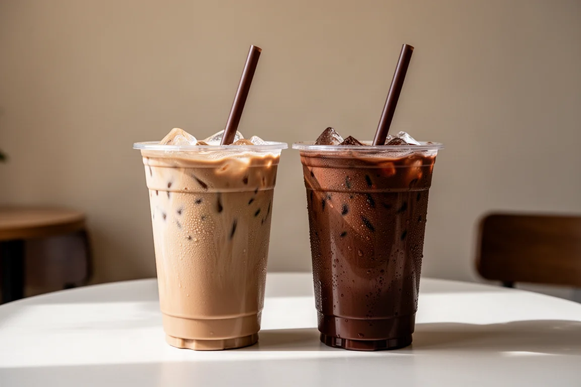 Dwie frappe mocha z lodem w wysokich plastikowych kubkach ze słomkami na stoliku kawiarnianym