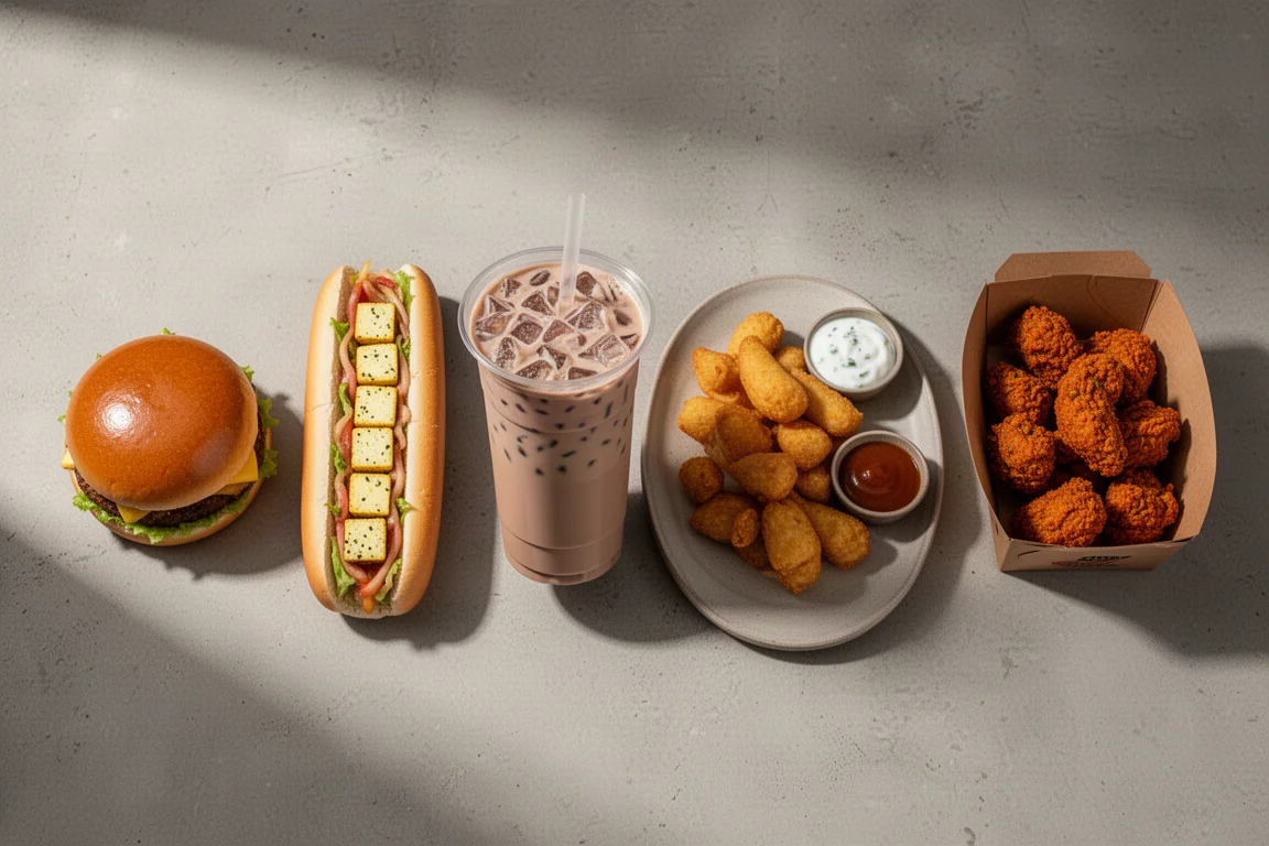Układ z góry: burgery, kanapki, kawa z lodem, smażone przekąski i kawałki smażonego kurczaka na betonowej powierzchni