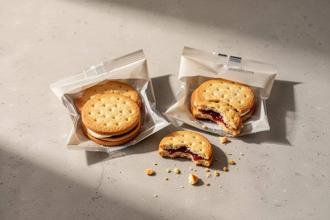 Dos paquetes de galletas de crema rellenas de mermelada uno junto al otro sobre una encimera