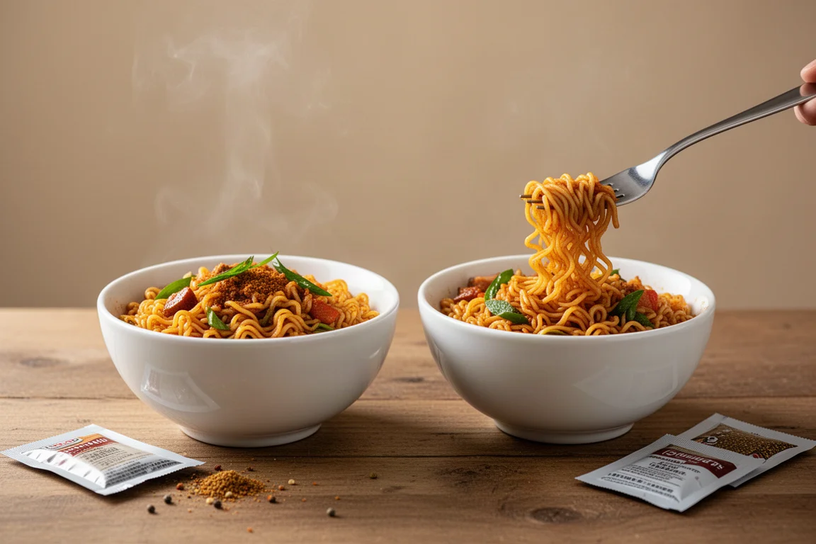Tazas humeantes de fideos instantáneos masala con un tenedor levantando un bocado