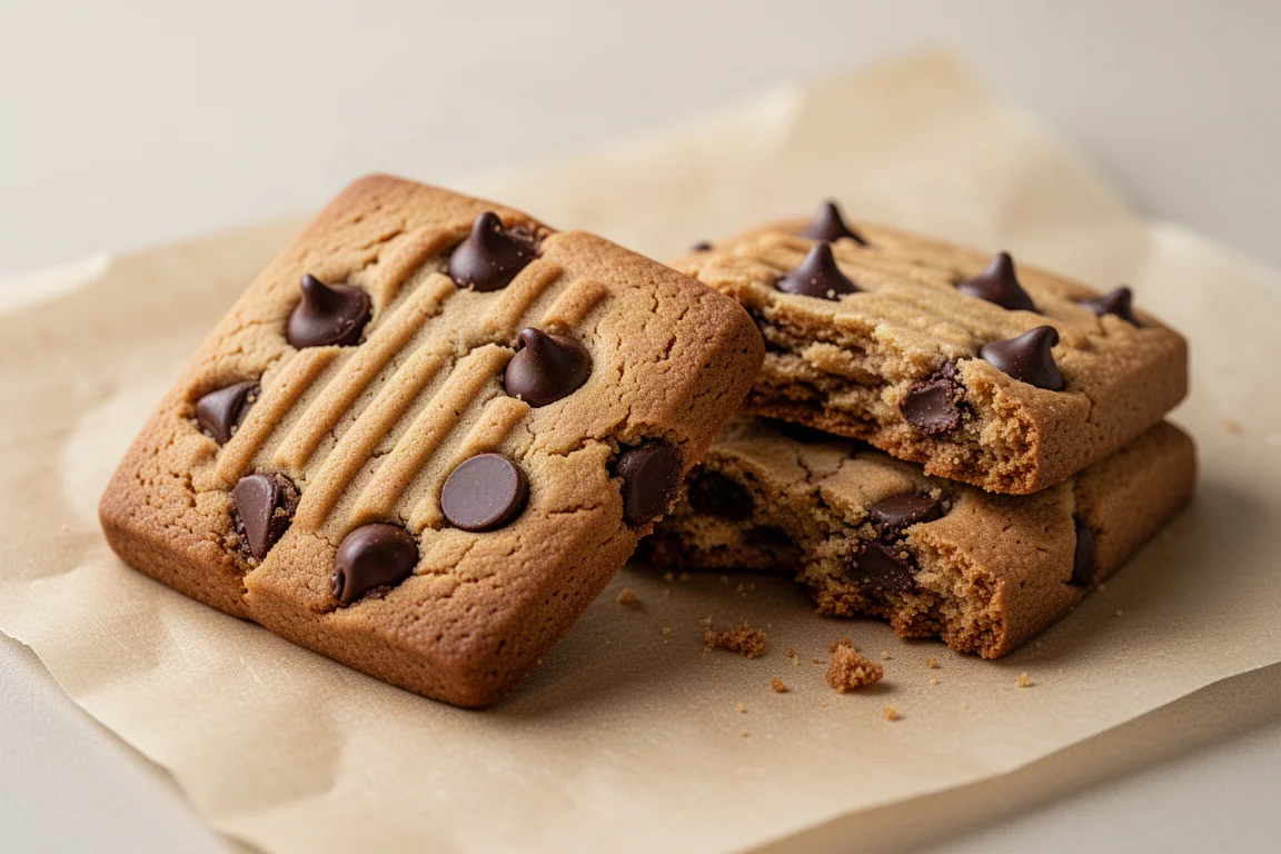 Primer plano de galletas cuadradas con chispas de chocolate mostrando rayas y chispas