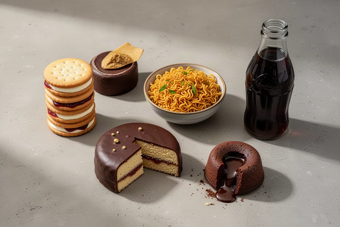 Composición en superficie de galletas con mermelada, choco pie, fideos masala, botella de cola y bizcocho de chocolate fundido sobre hormigón