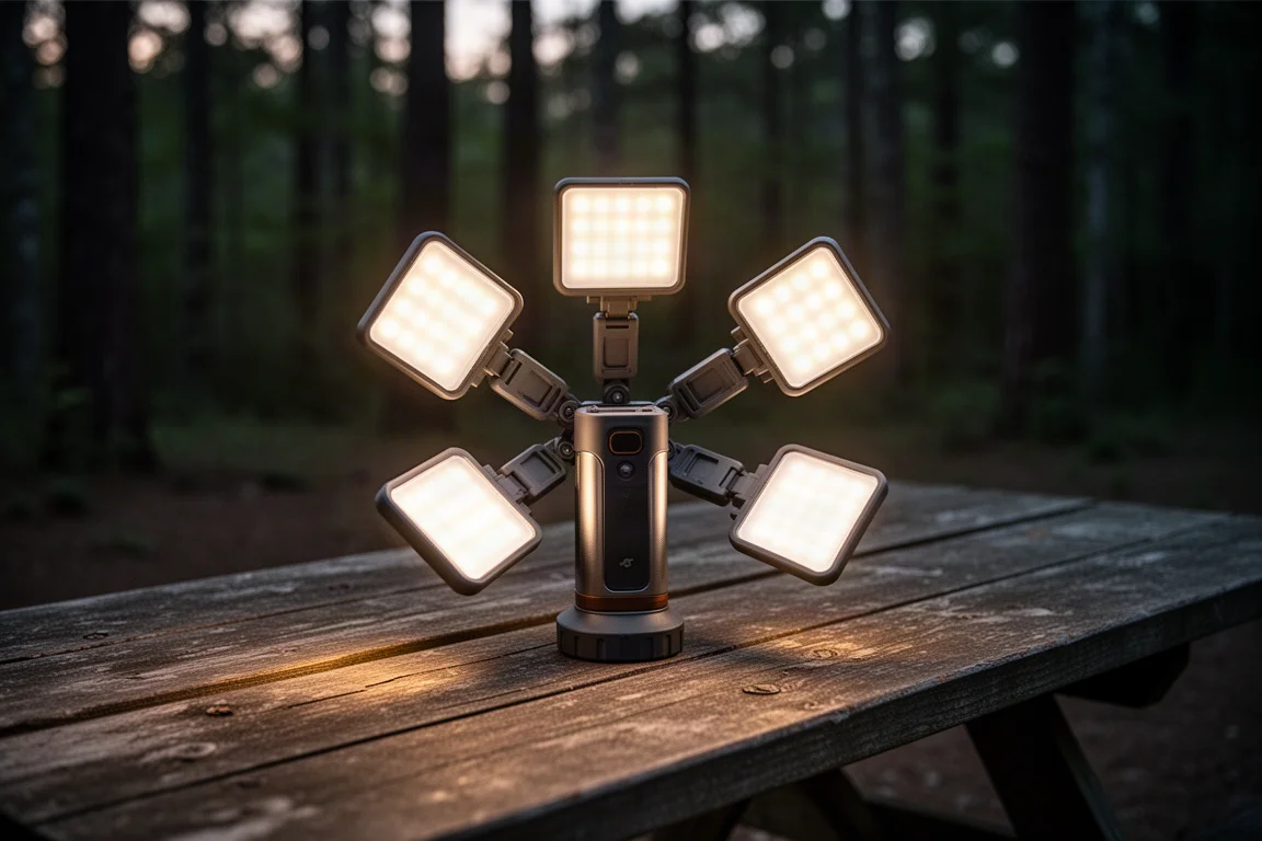 Lampada da campeggio con pannelli LED aperti ad angoli diversi su un tavolo da campeggio