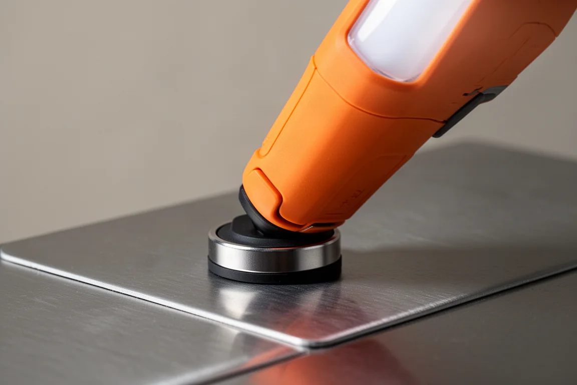 Primo piano di una base magnetica fissata a una superficie metallica piana