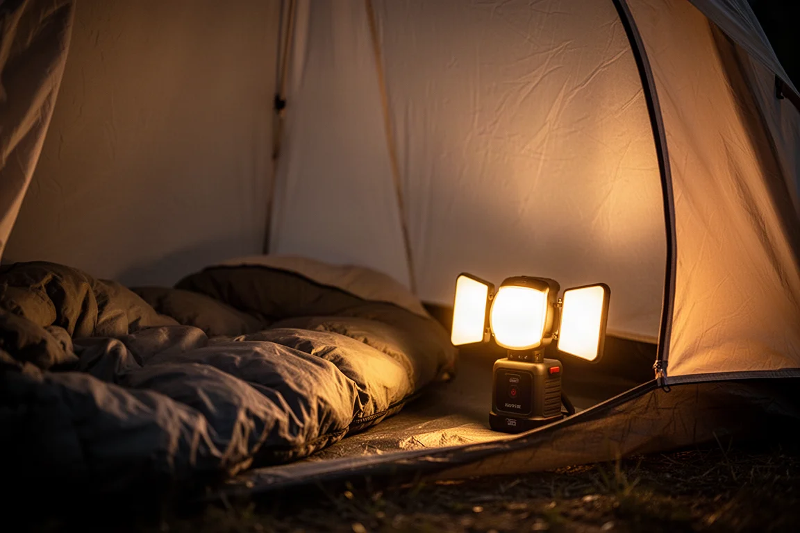 Lampada da campeggio che illumina calda all'interno di una tenda di notte