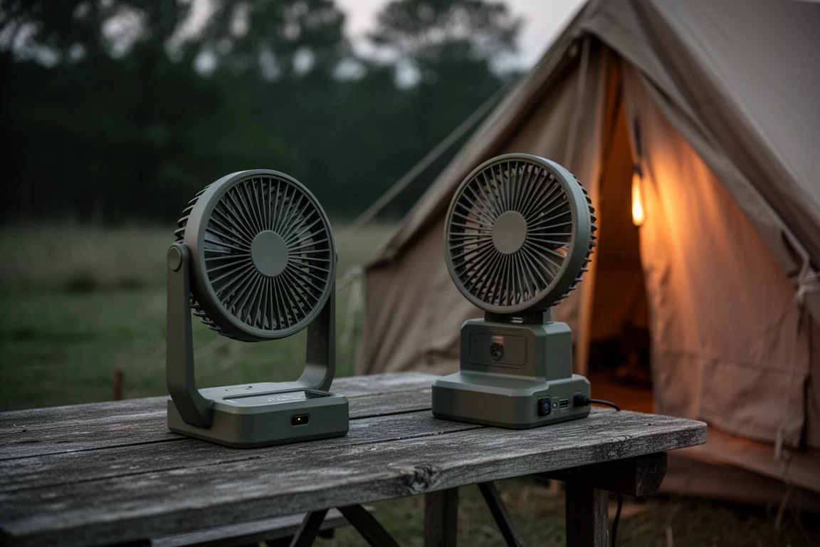 Ventilador de camping portátil sobre una mesa junto a una tienda al atardecer