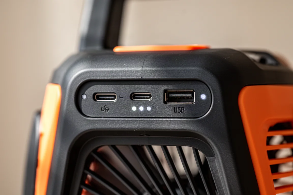 Primer plano de un puerto USB-C y luces indicadoras en la parte trasera de un ventilador portátil