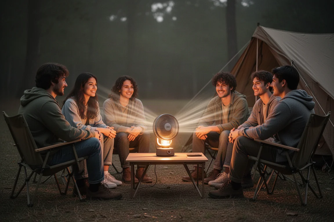 Grupo de amigos sentados en círculo alrededor de una hoguera recibiendo el flujo de aire de un ventilador