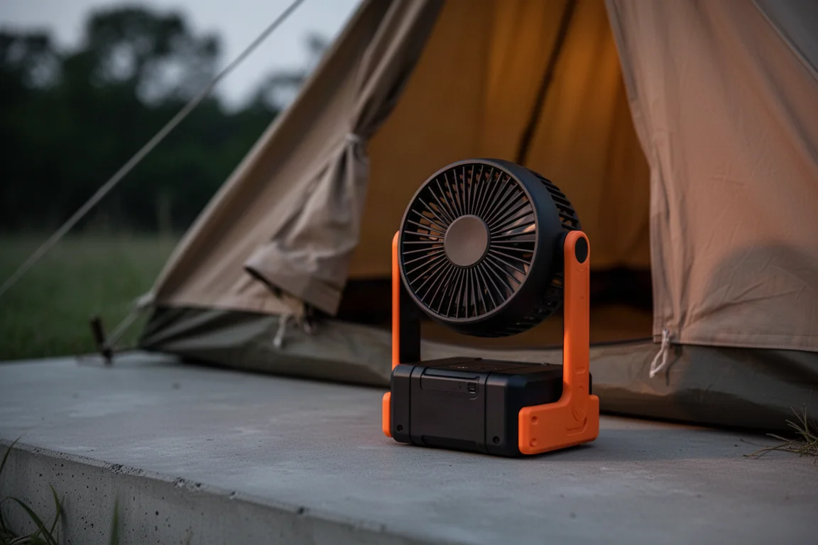Portable camping fan in black and orange on a concrete surface near a tent at dusk