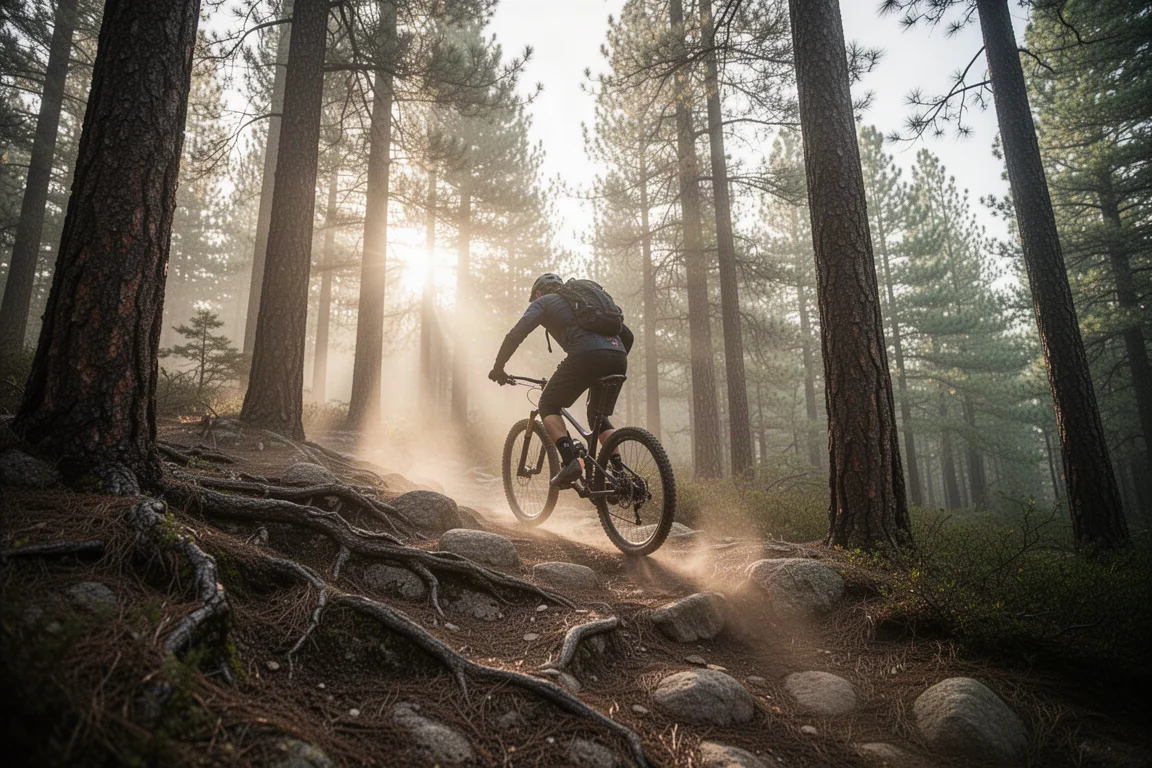Vététiste grimpant un sentier cross-country rocailleux dans la lumière du petit matin
