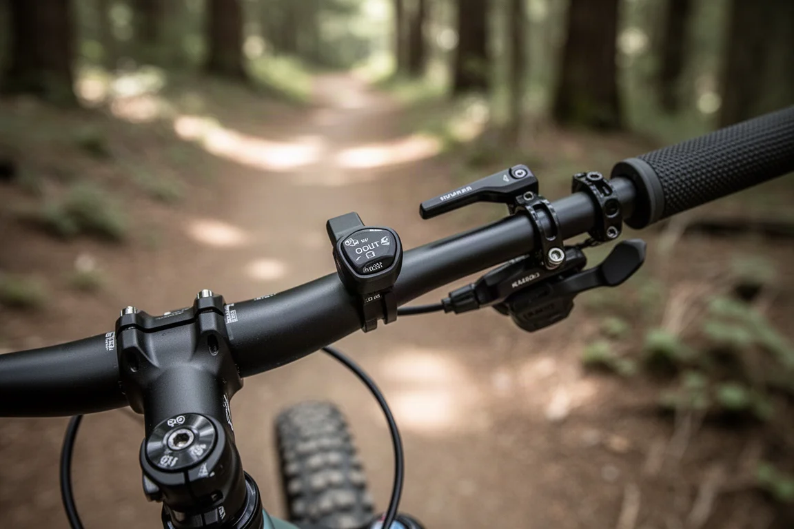 Pilote ajustant une commande de verrouillage montée sur le cintre d'un VTT