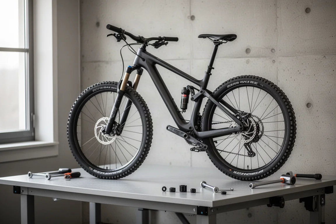 VTT posé sur un établi d'atelier, fourche et amortisseur visibles