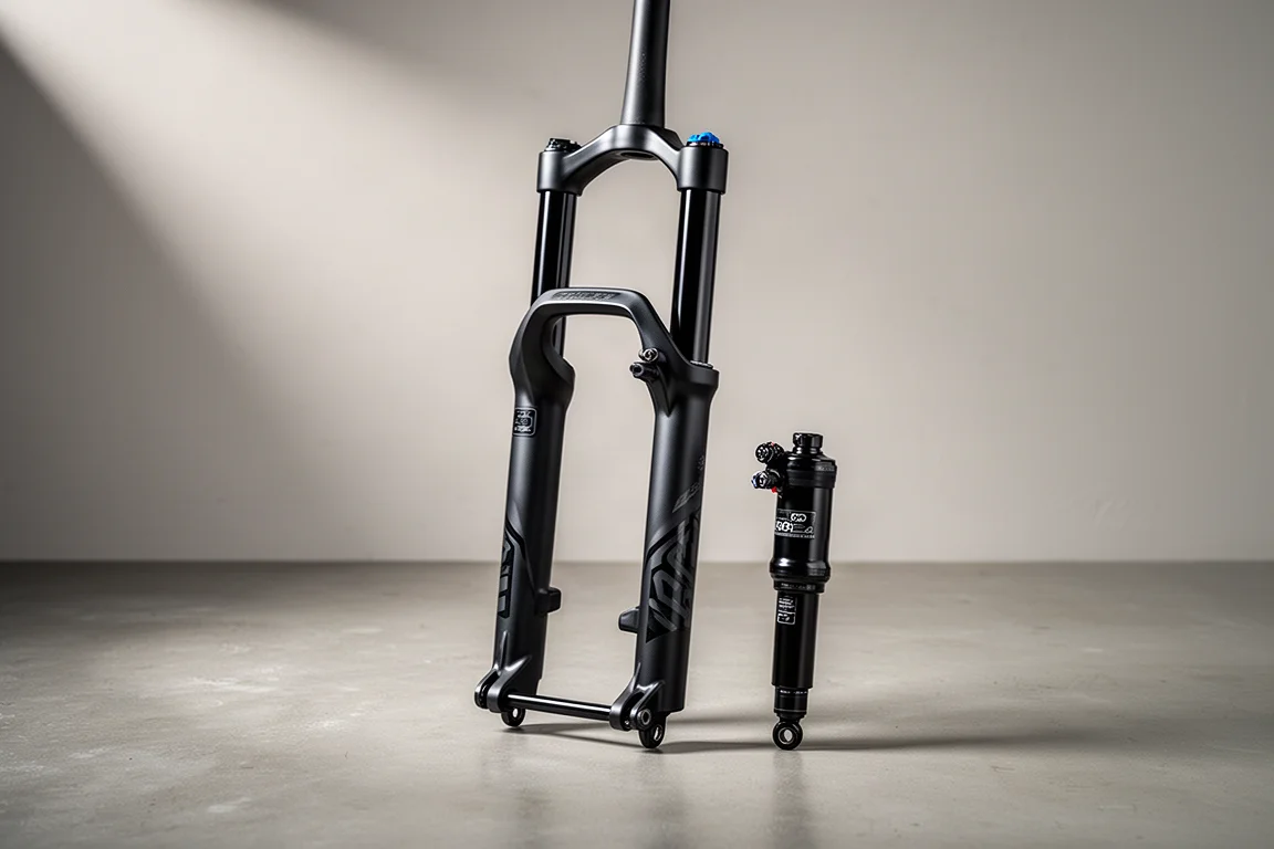 Cross-country suspension fork and air shock arranged on a concrete surface