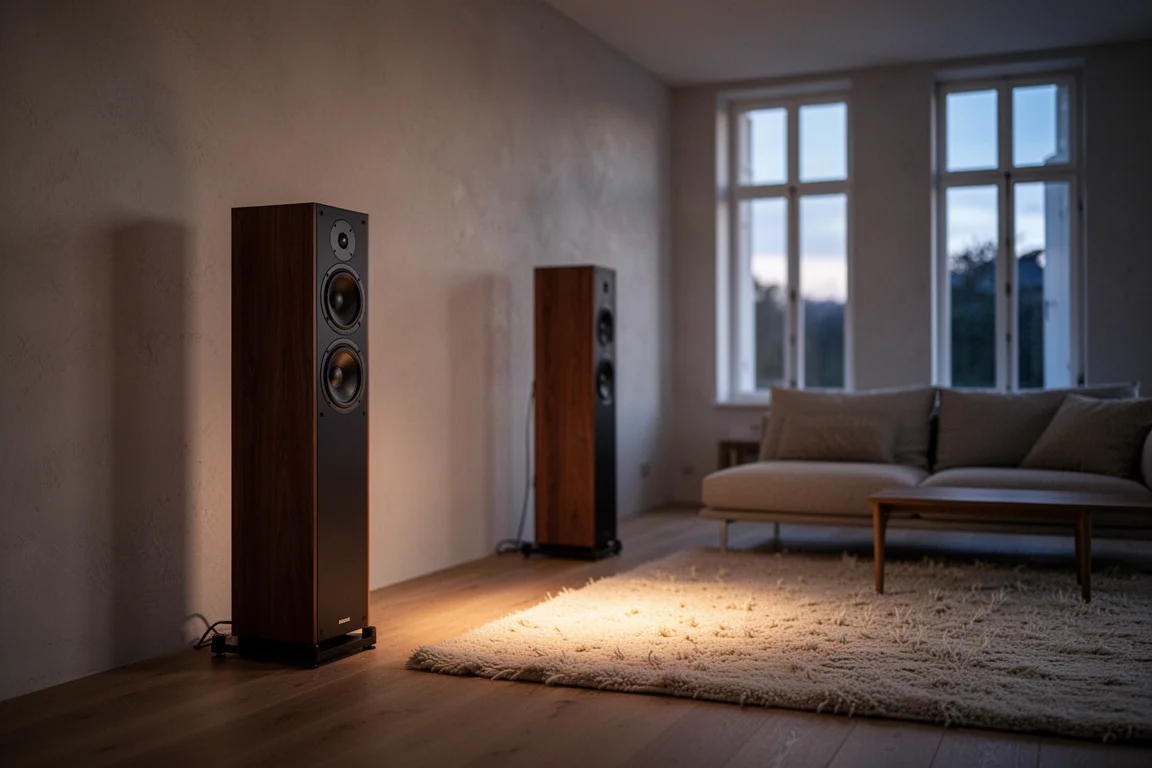 Warmer Hörraum in der Abenddämmerung mit hohen Standlautsprechern nah an einer schlichten Wand