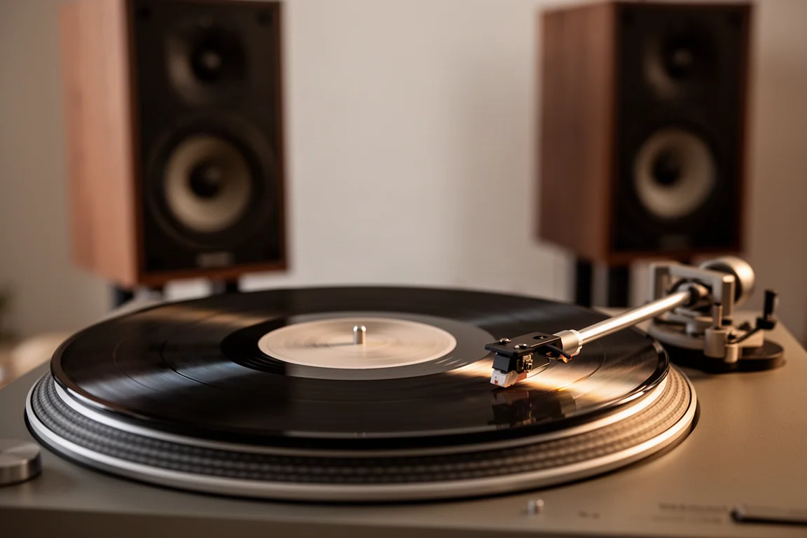 Vinylschallplatte dreht sich auf einem Plattenspieler in einem sanft beleuchteten Hörraum