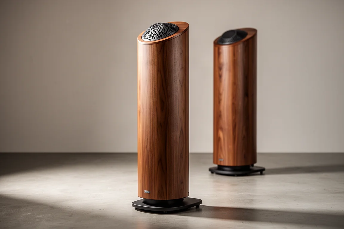 Tall omnidirectional floorstanding speaker in walnut veneer on a concrete floor