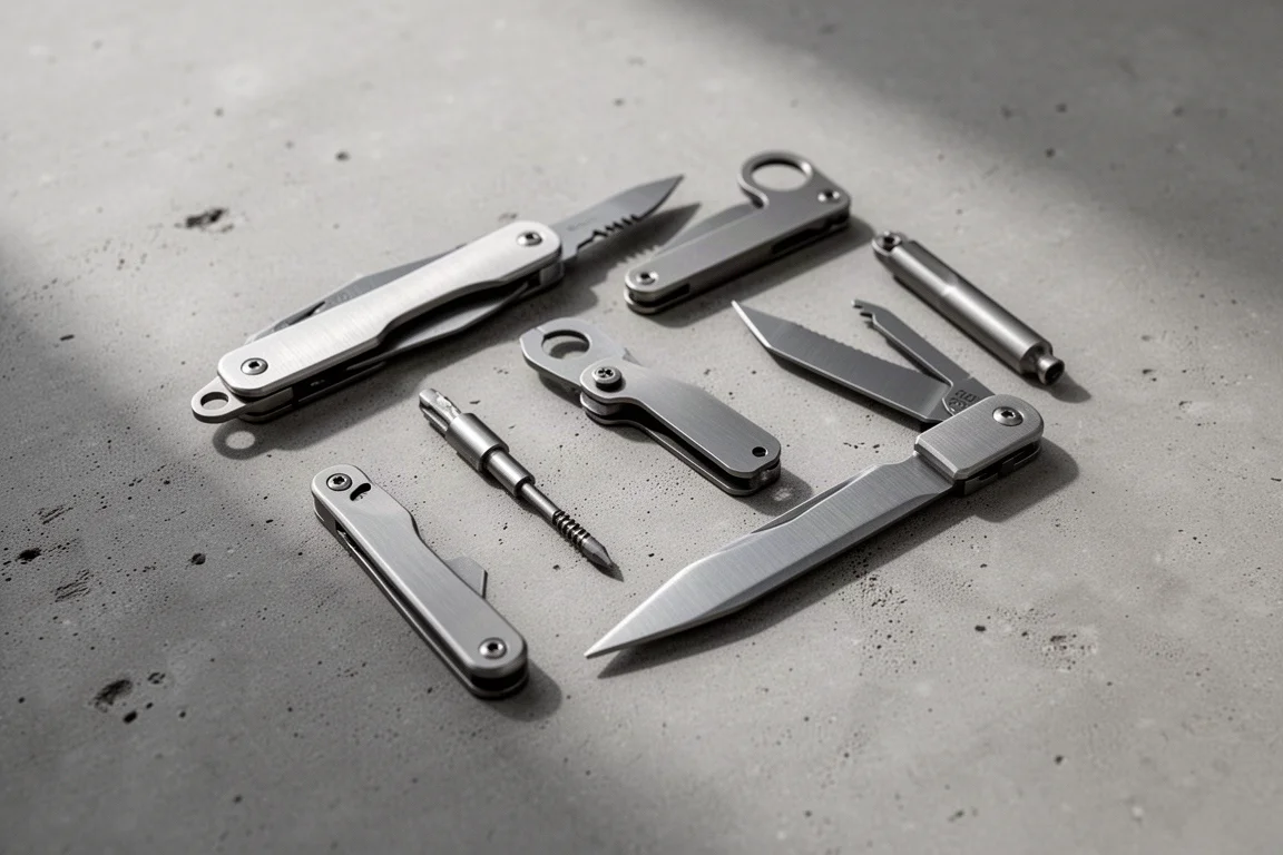 Titanium EDC tools arranged on a concrete desk with soft window light