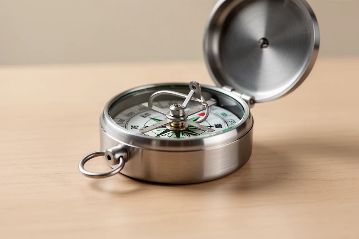 Close-up of a compact titanium compass resting on a wooden surface