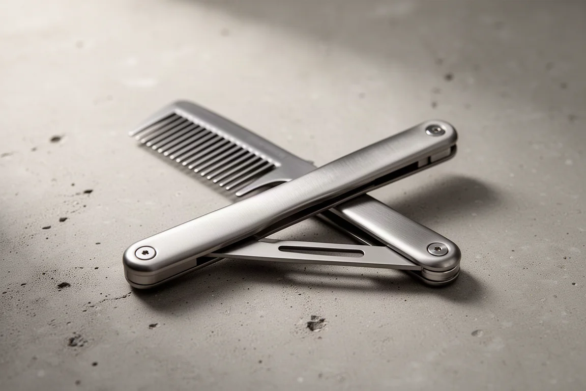 Titanium folding comb with magnetic handles half open on a concrete surface