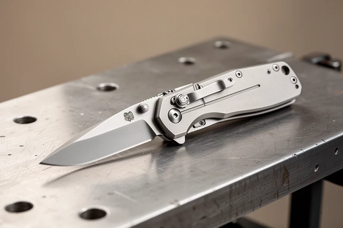 Folding knife with titanium frame and liner lock lying open on brushed steel