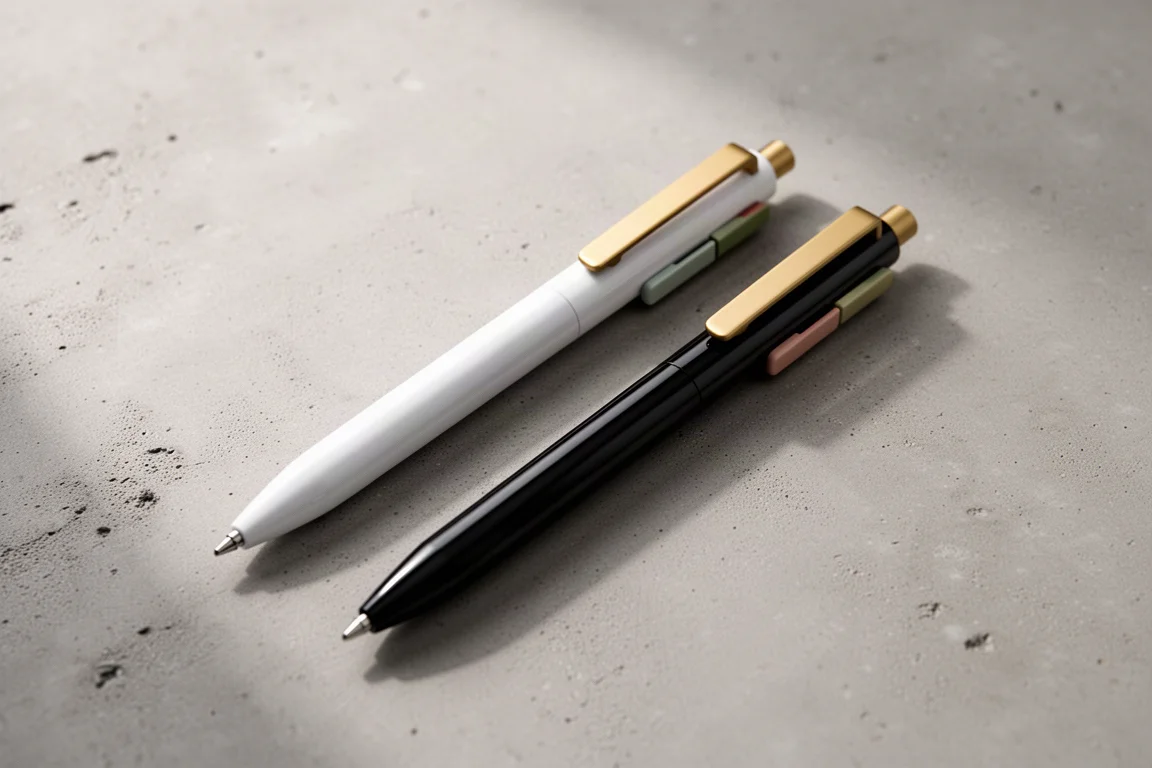 Witte en zwarte OHTO driekleurige balpennen naast elkaar op een bureau, met het lengteverschil zichtbaar