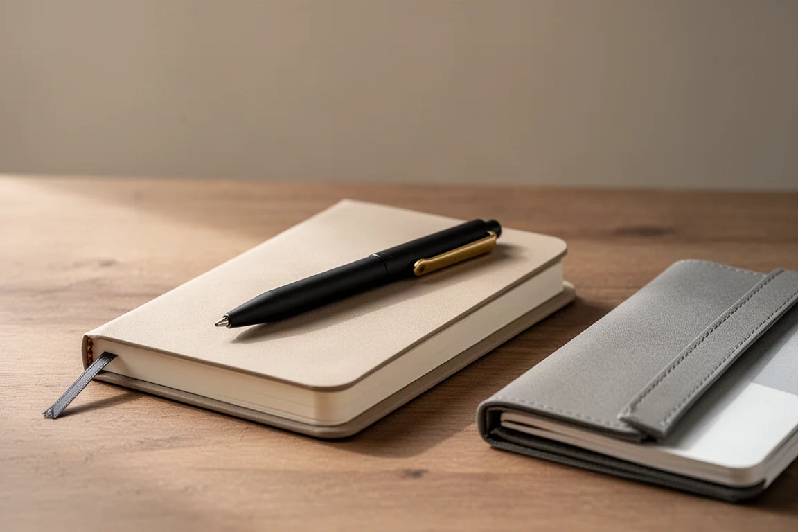 Compacte zwarte pen geklemd aan een kleine planner op een netjes bureau